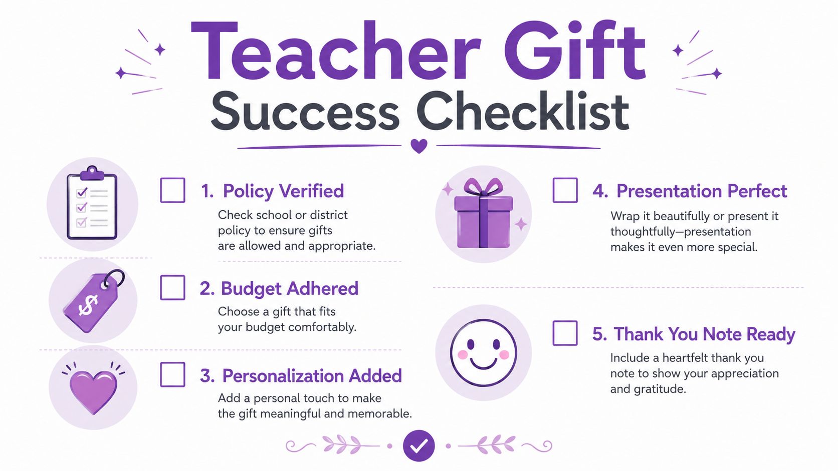 A checklist graphic providing five tips for choosing and giving thoughtful gifts to teachers.