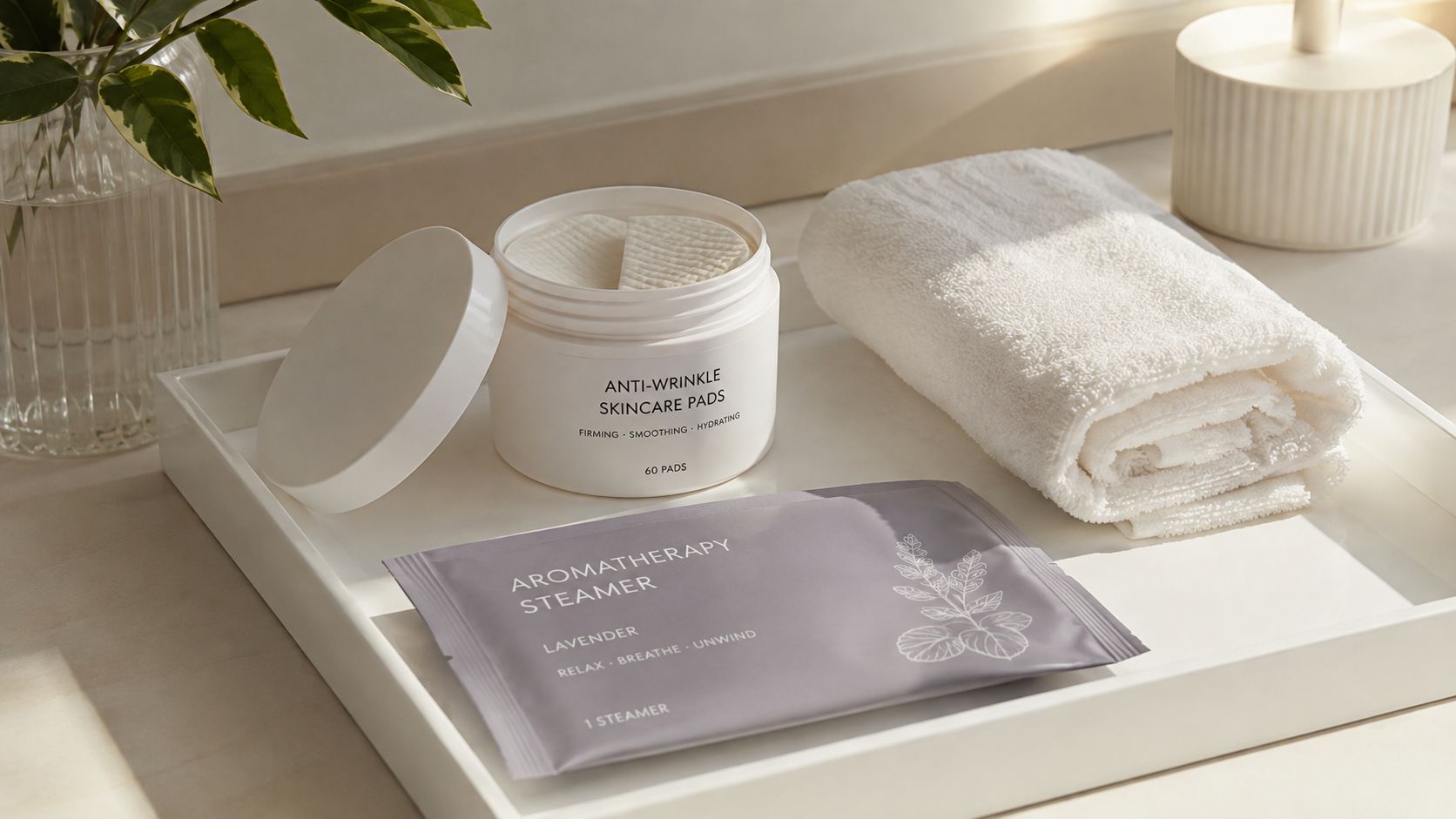 A minimalist white tray holding anti-wrinkle skincare pads, a lavender aromatherapy steamer, and a folded white towel.