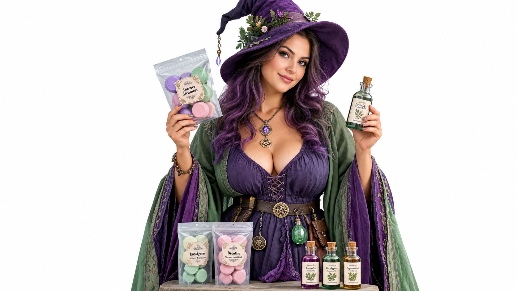 A woman dressed as a witch holding shower steamers and a potion bottle with additional supplies displayed.