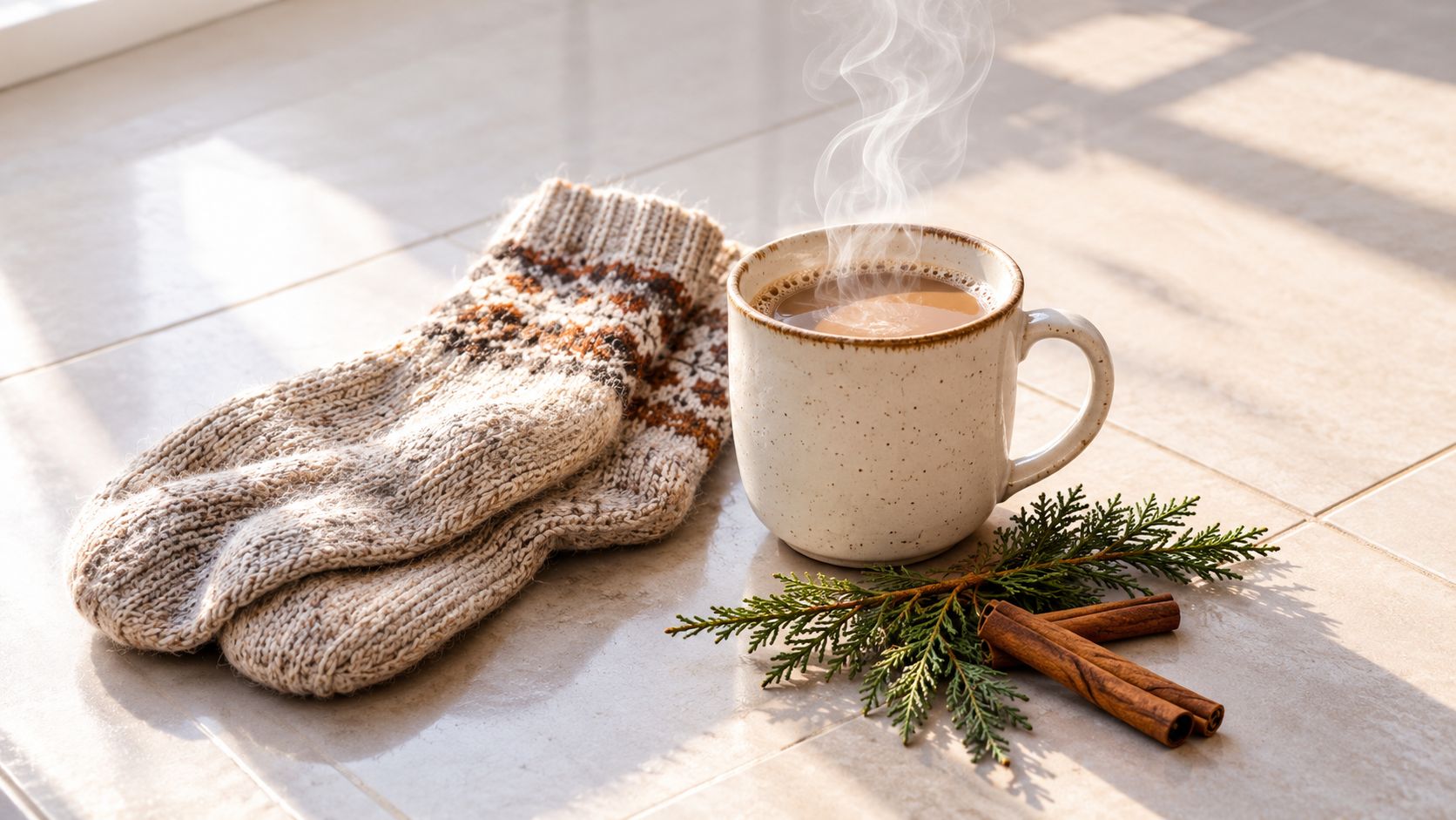 A steaming mug of hot beverage sits beside cozy knit socks, cinnamon sticks, and evergreen branches.