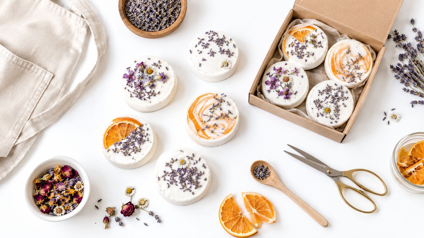 A flat lay of handmade botanical bath bombs decorated with dried lavender, orange slices, and small flowers.