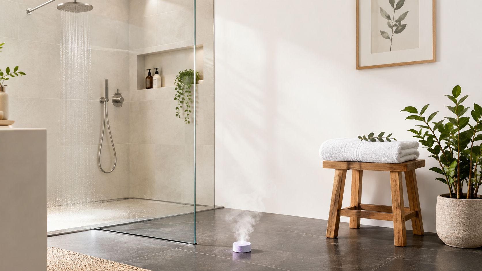 A modern minimalist bathroom featuring a steaming shower, a wooden stool with a towel, and indoor plants.