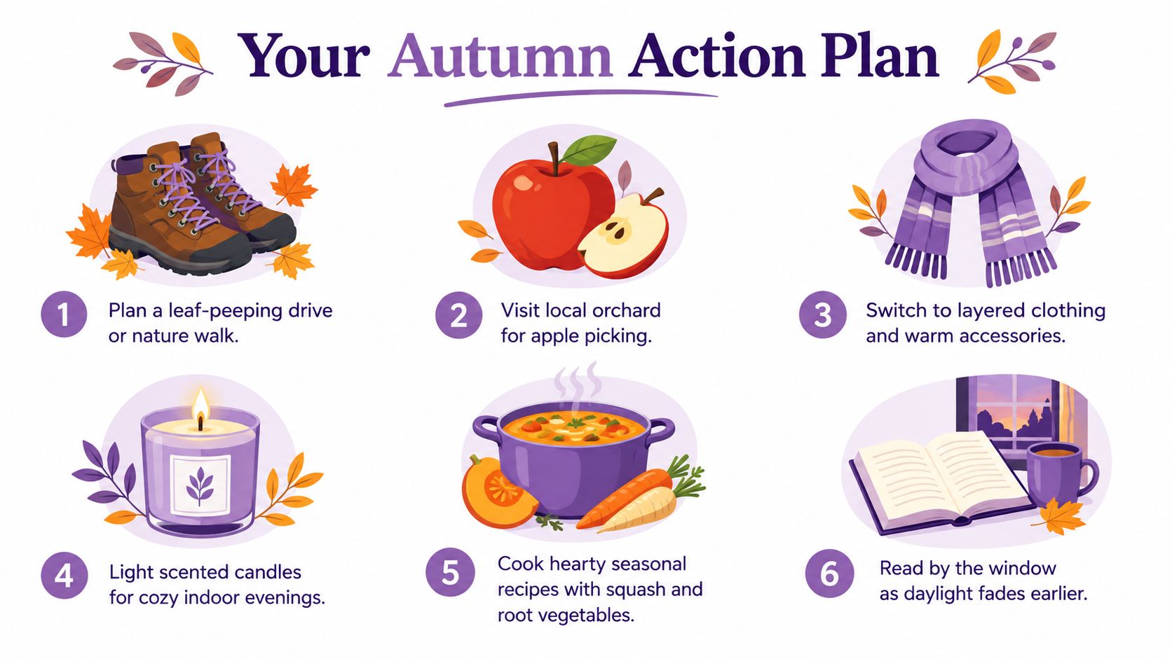 An infographic titled Your Autumn Action Plan featuring six illustrated activities like hiking, apple picking, and reading.