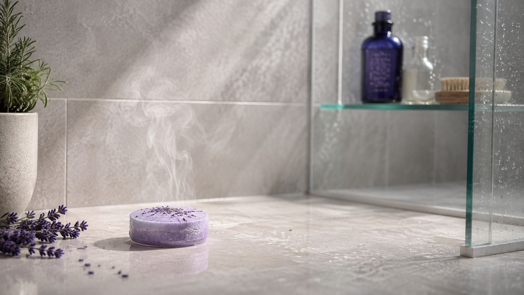 A purple lavender shower steamer releasing steam on a tiled bathroom floor next to fresh lavender sprigs.