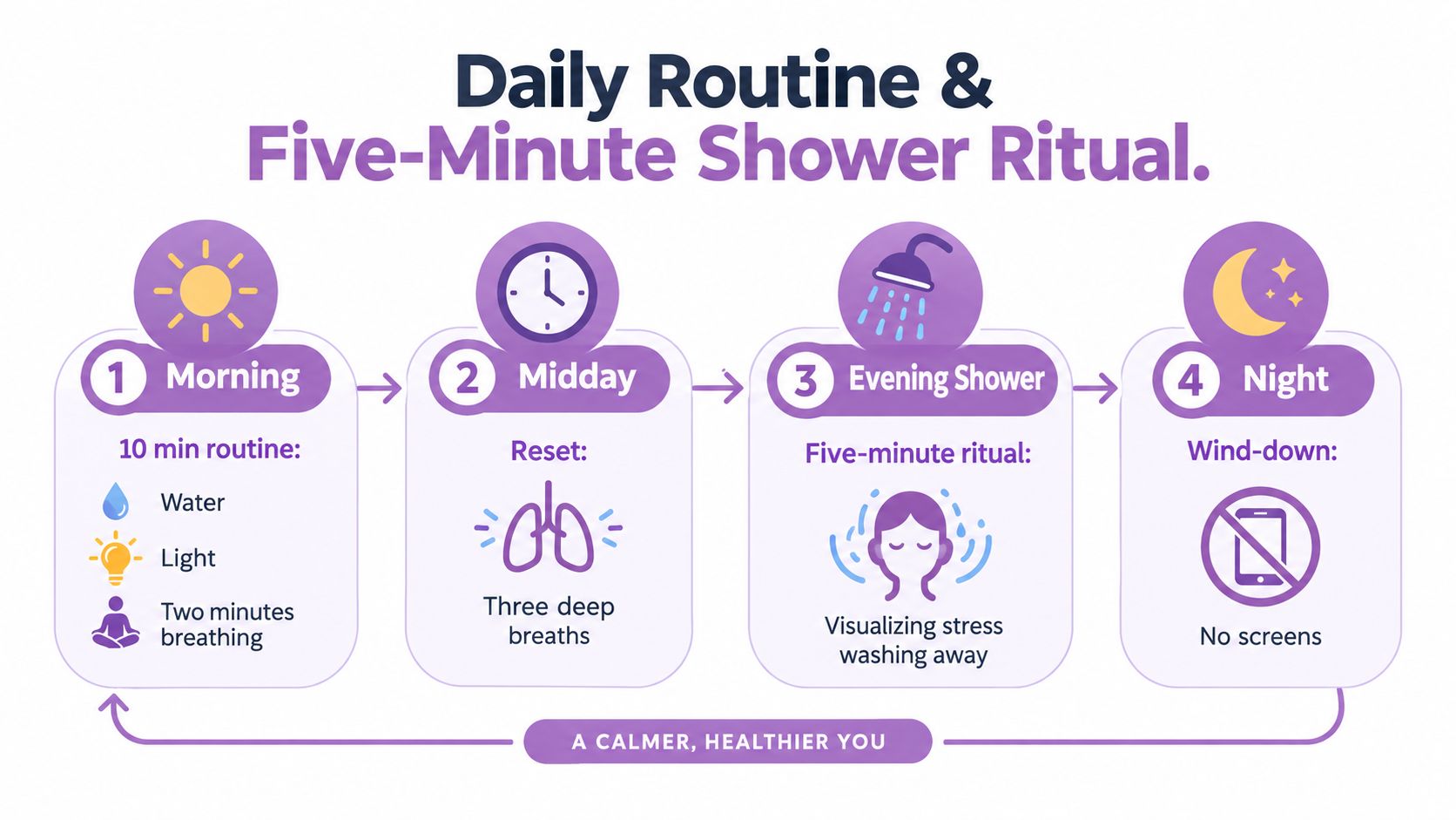 An infographic showing a four-step daily routine for emotional wellbeing including morning, midday, evening, and night tasks.