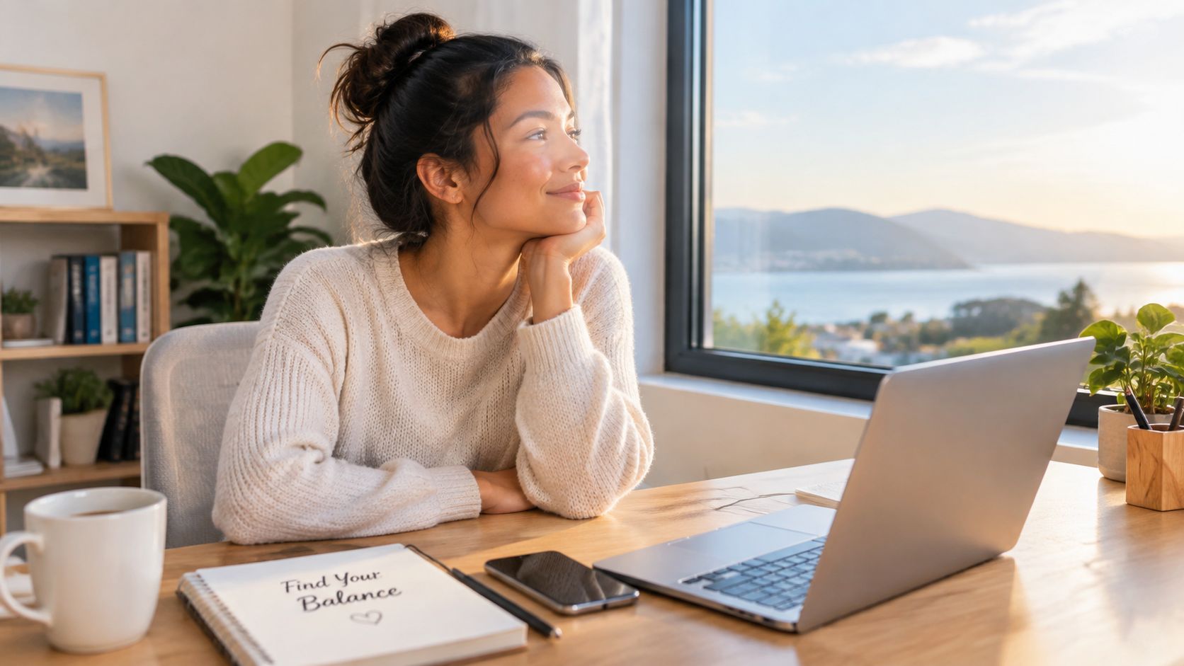 A young woman smiling and looking out a window while sitting at her peaceful, organized home workspace.