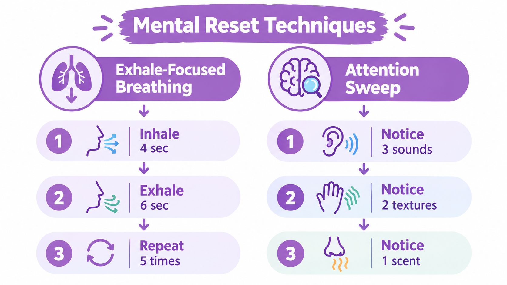 A visual guide titled Mental Reset Techniques showing steps for Exhale-Focused Breathing and an Attention Sweep practice.