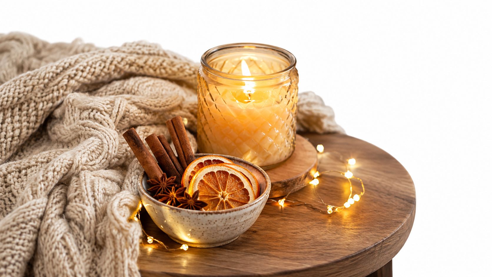 A warm, cozy setup with a glowing candle, dried orange slices, cinnamon sticks, and a soft knitted blanket.