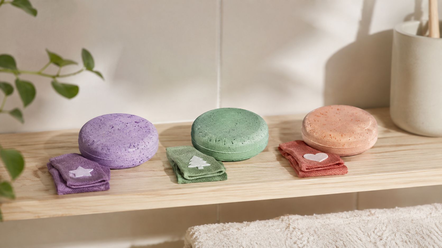 Three colorful shampoo bars with matching small embroidered towels sitting on a wooden bathroom shelf.
