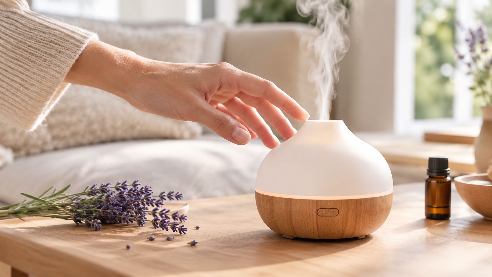 A person's hand reaches toward an essential oil diffuser on a wooden table with lavender sprigs.