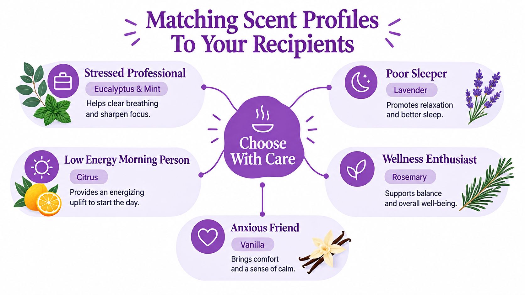 An infographic displaying recommended scent profiles for different types of gift recipients to promote well-being.