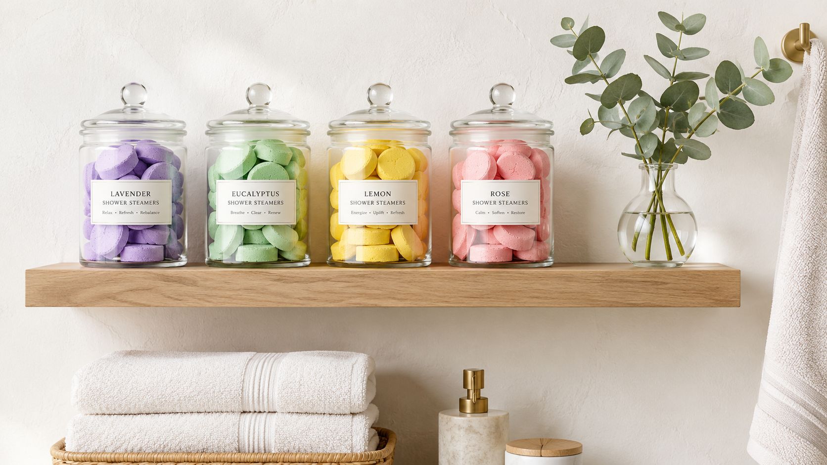Four glass jars filled with colorful shower steamers placed on a floating wooden shelf in a bathroom.