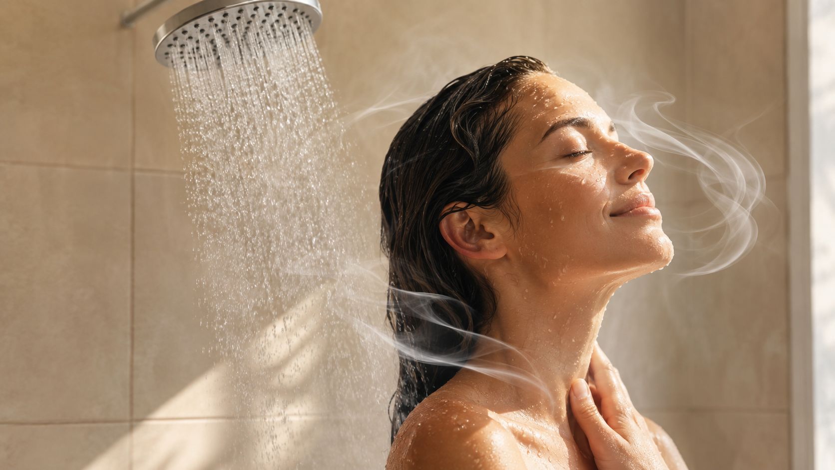 A woman with wet hair relaxes under a warm, steaming shower in a modern tiled bathroom.