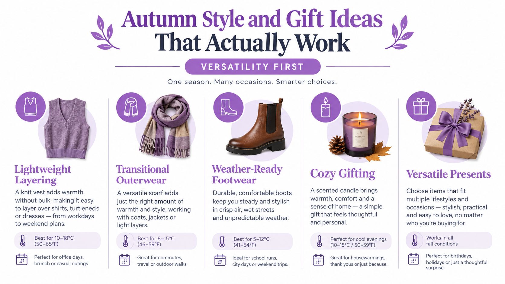 An infographic displaying five autumn style and gift ideas with recommendations for weather conditions and occasions.