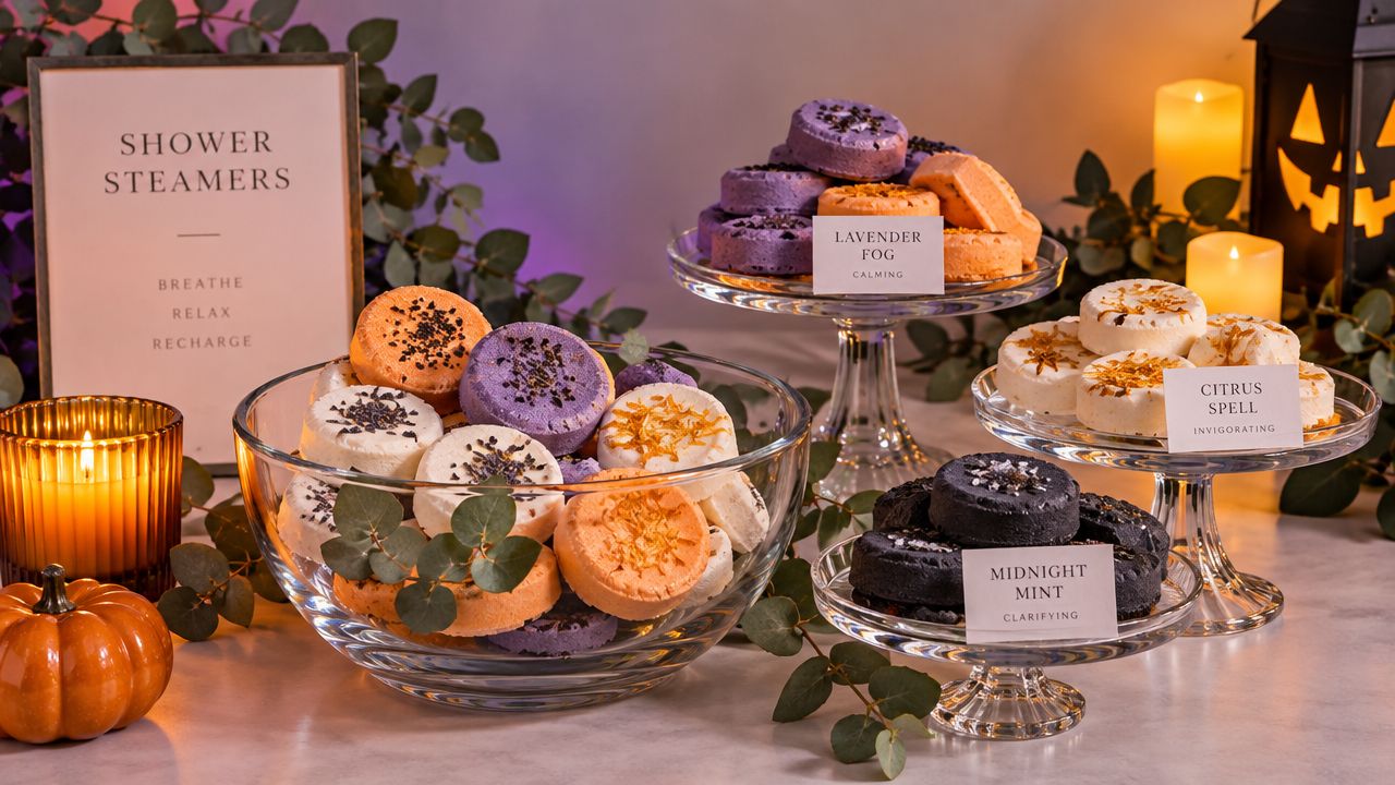 A display of Halloween-themed shower steamers on pedestals and in a glass bowl with festive candles.
