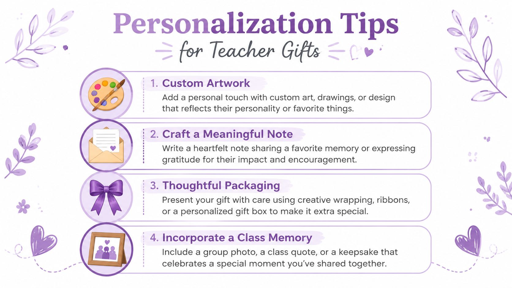 An infographic titled Personalization Tips for Teacher Gifts showing four ideas for thoughtful and meaningful teacher presents.