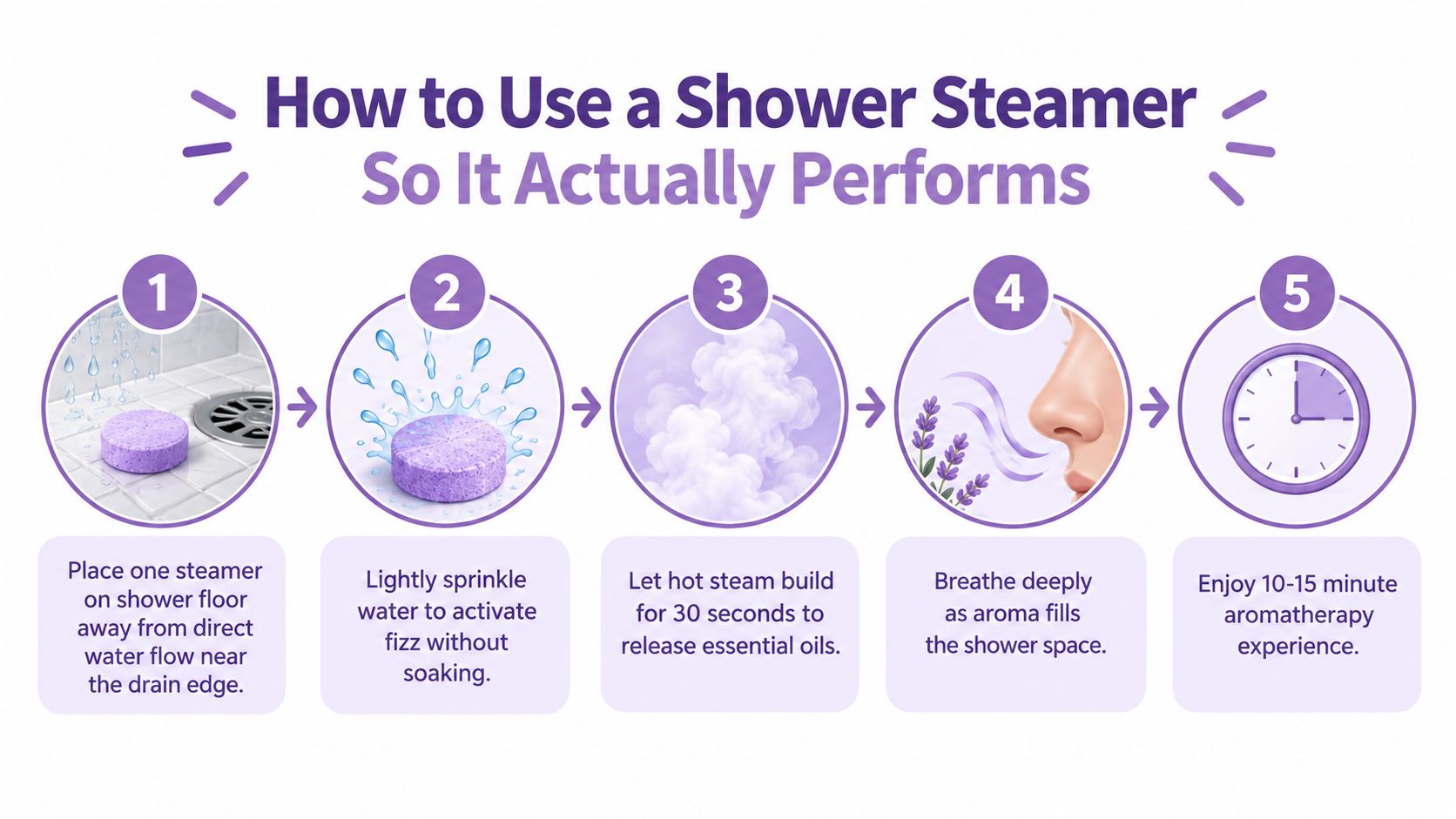 An infographic showing five easy steps on how to properly use a shower steamer for aromatherapy.