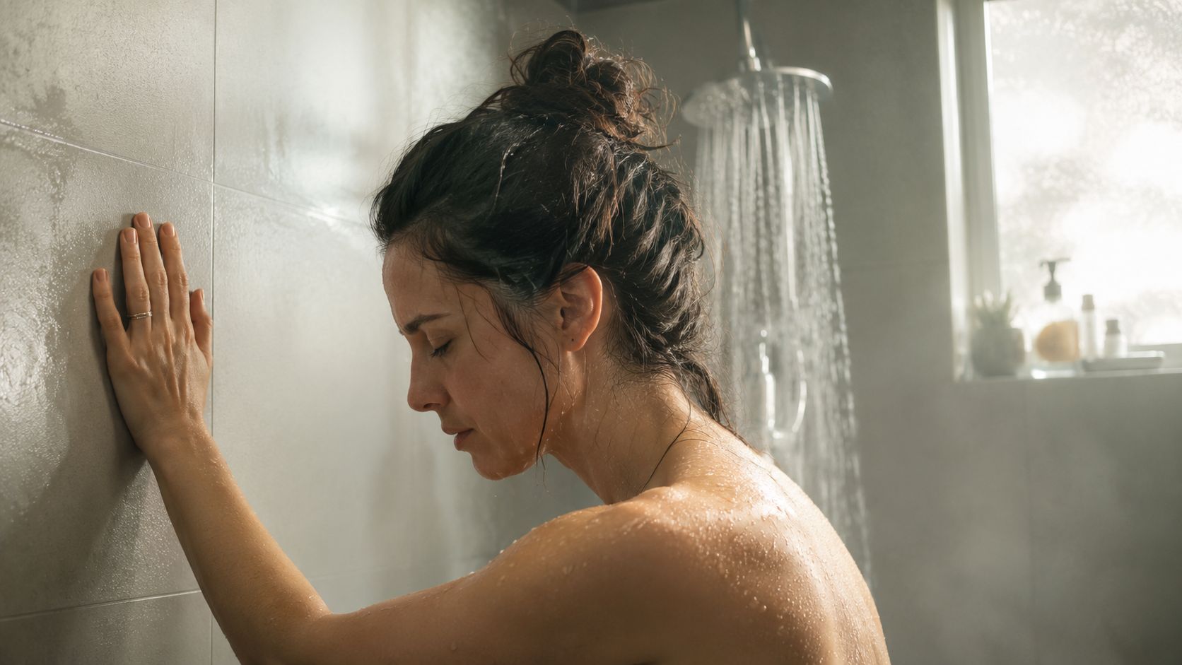 A woman with her hair in a bun leaning against a tiled wall in a shower.