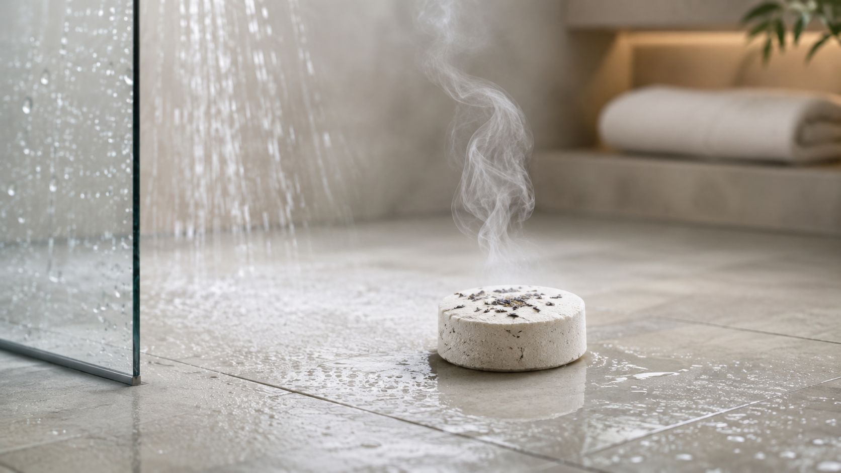 A steaming shower steamer disc rests on a wet tiled bathroom floor with shower water splashing nearby.