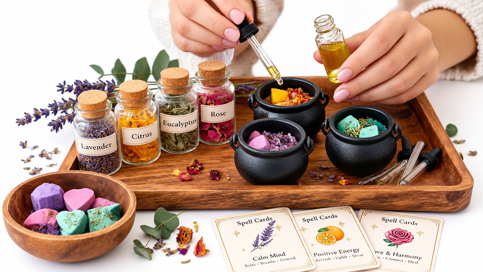 A person preparing herbal spell kits with glass jars, small cauldrons, essential oils, and cards.
