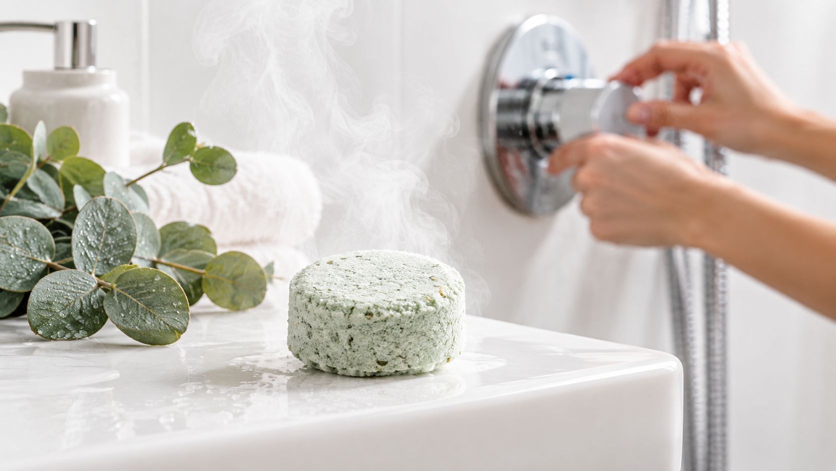 A steaming shower melt on a white surface with eucalyptus leaves and someone adjusting the shower faucet.