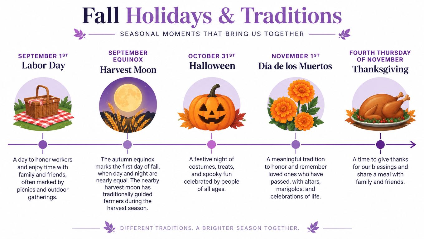 A timeline graphic showcasing various fall holidays and traditions including Labor Day, Harvest Moon, Halloween, and Thanksgiving.