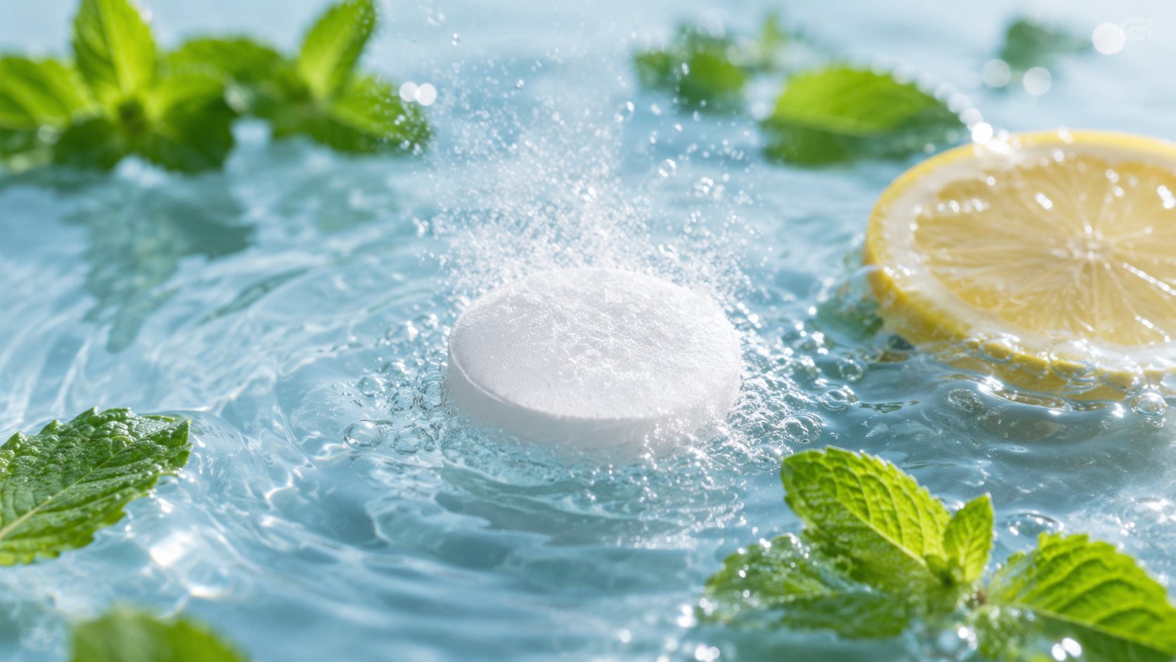A white tablet dissolving in water with fresh mint leaves and a slice of lemon nearby