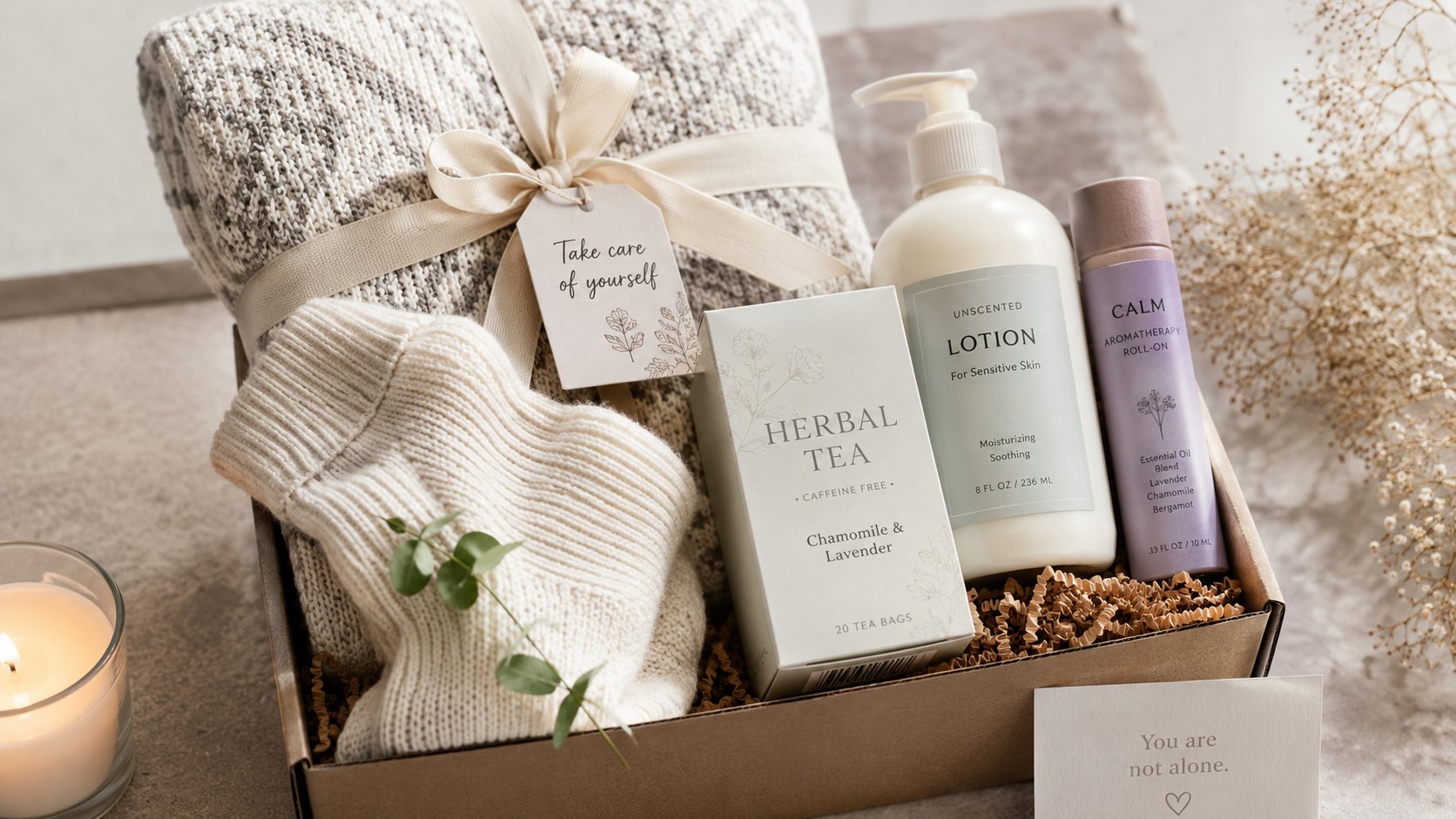 A calm, comforting self-care gift box arranged for a grief and healing support section, featuring soft socks or a folded