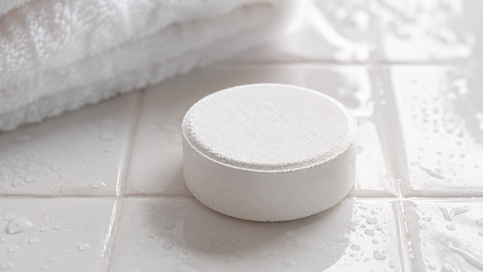 A plain white shower steamer tablet resting on a tiled bathroom surface, simple and minimal, with no color accents or pa