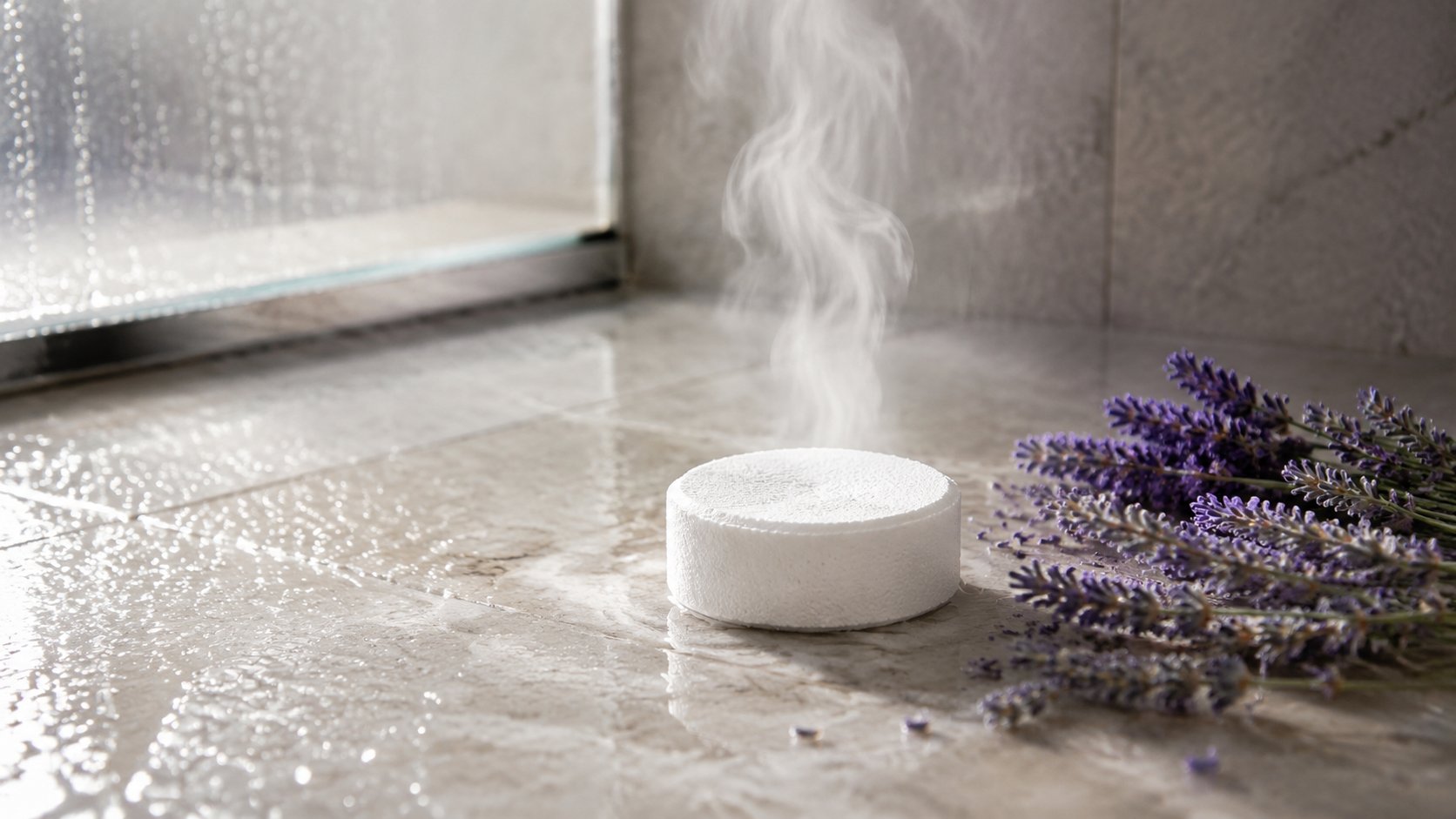 A shower steamer tablet on a wet bathroom floor releasing gentle steam, with lavender sprigs nearby. The tablet is clear