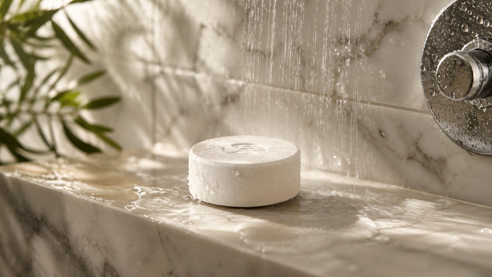 A white shower steamer tablet resting on a marble shower shelf under running water, with soft plant reflections nearby a