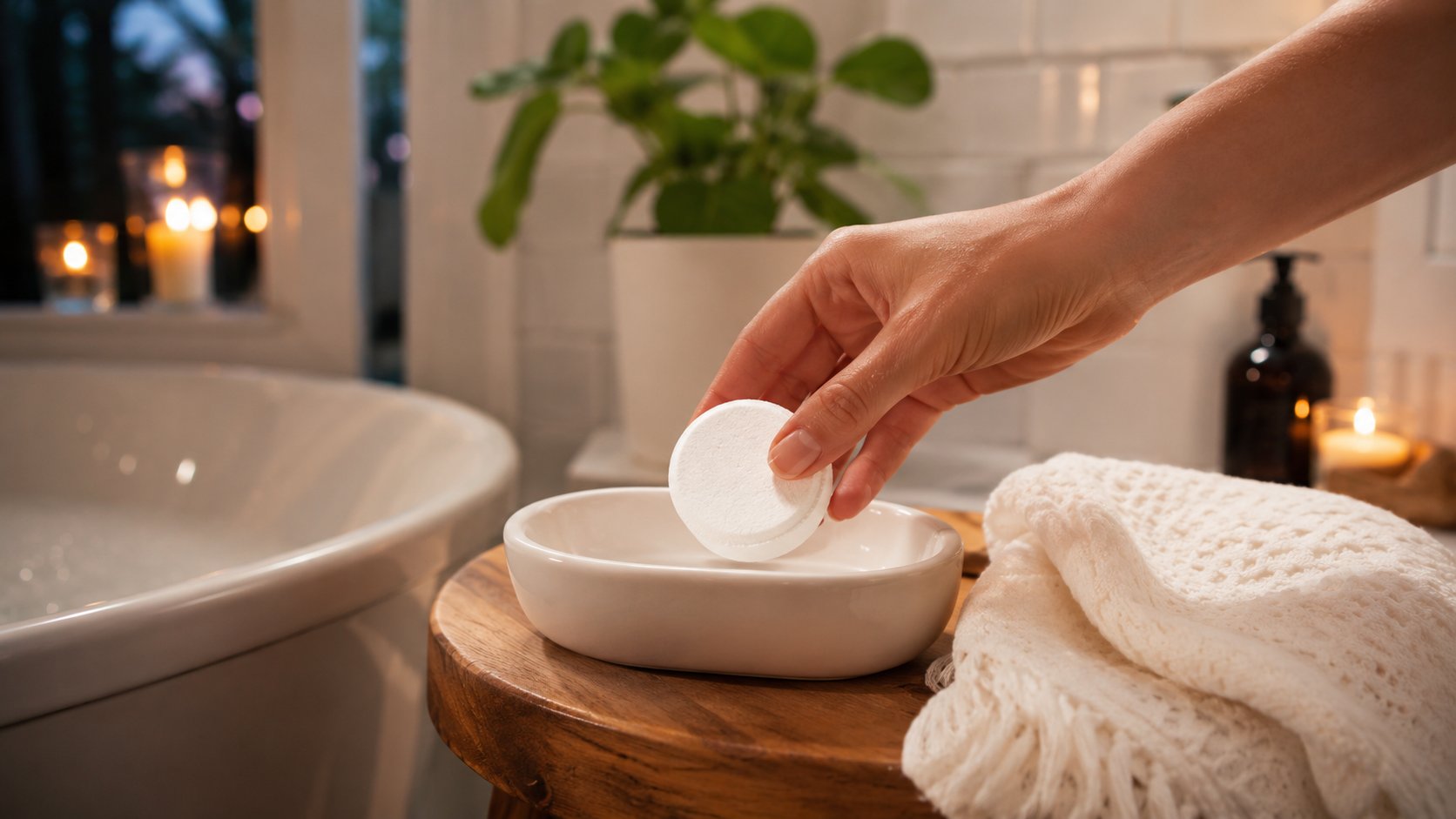 A fresh bathroom self-care scene with a hand placing a white shower steamer tablet into a white ceramic dish on a wooden