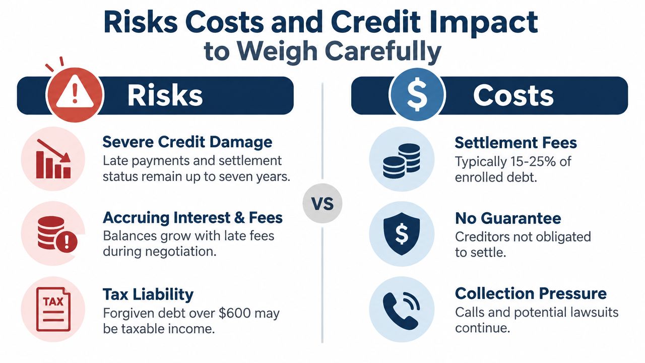 A chart comparing the financial risks and costs associated with debt settlement and credit damage implications.