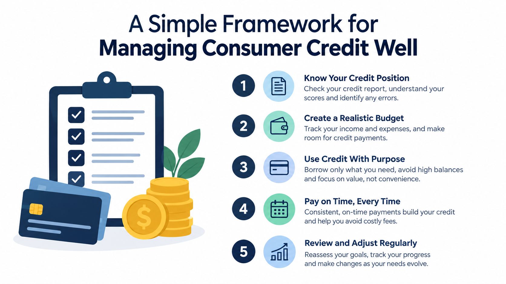 A five-step framework for managing consumer credit well, featuring a checklist, credit cards, and gold coins.