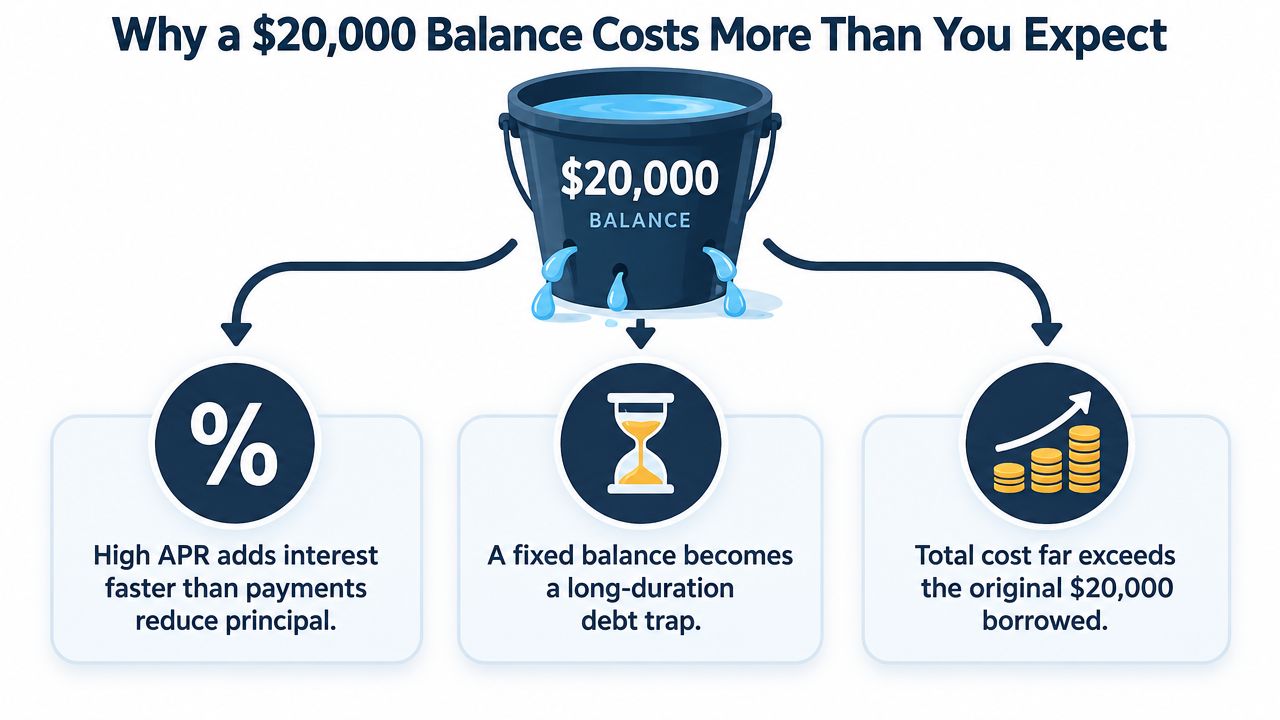 An illustration showing a bucket leaking water to represent how a $20,000 debt balance grows over time.