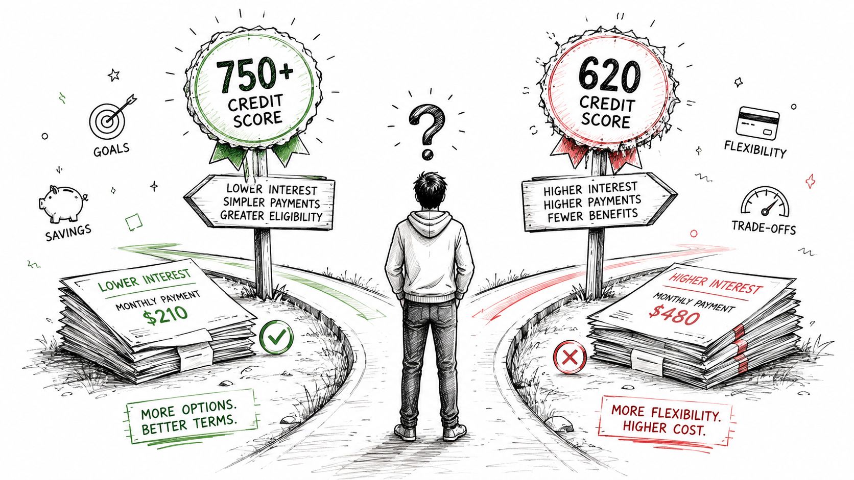 A person standing at a fork in the road comparing high and low credit score financial outcomes.