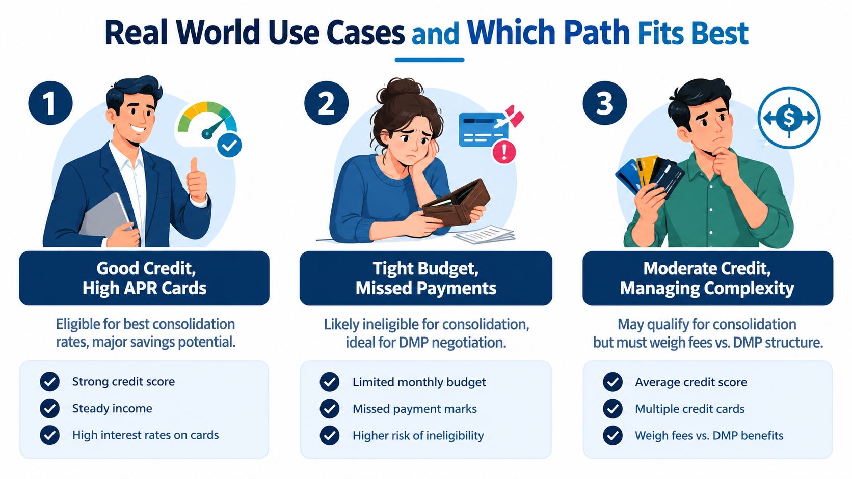 A graphic showing three different financial scenarios for choosing between debt consolidation and debt management programs.