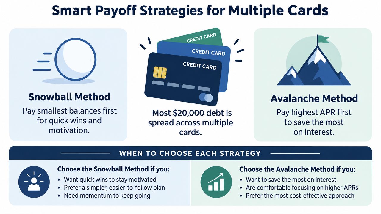 A visual guide comparing the debt snowball and debt avalanche methods for managing credit card debt.