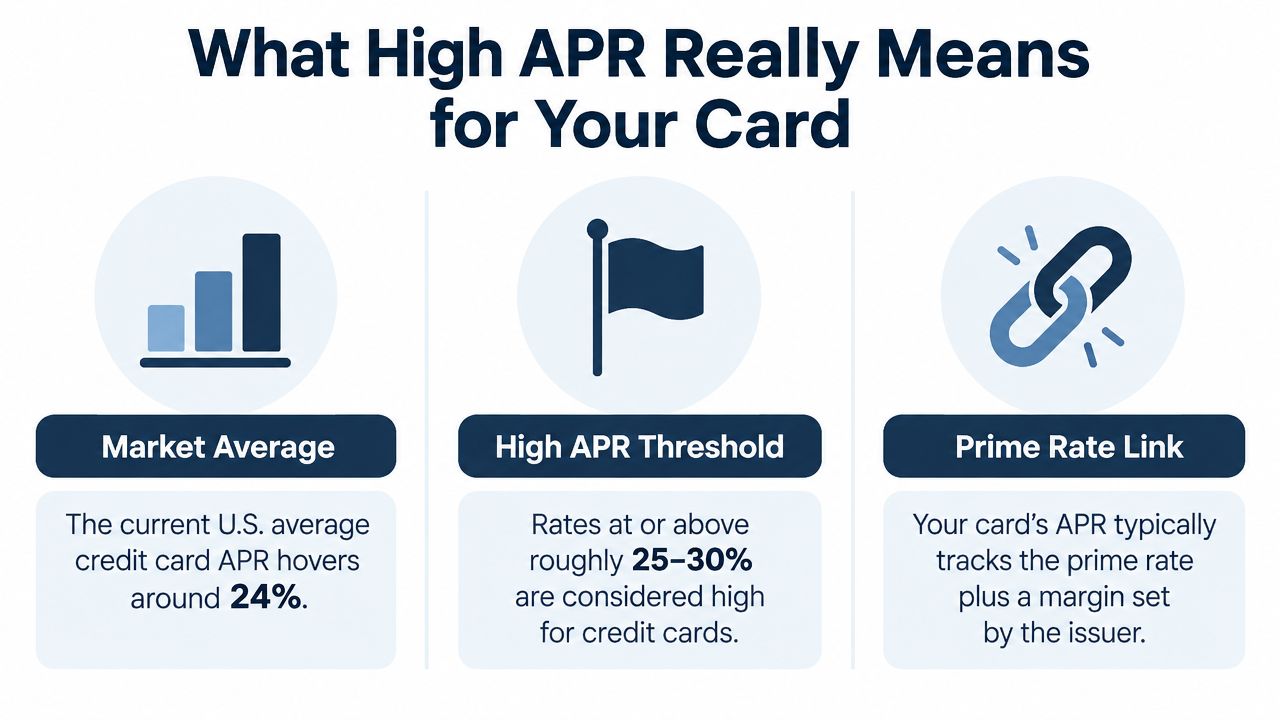 An infographic explaining credit card APR with sections on market averages, high thresholds, and interest rate links.
