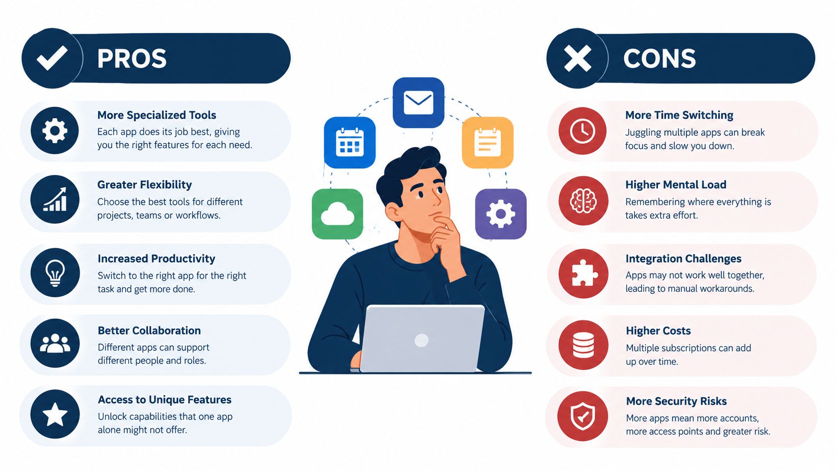 An infographic comparing the pros and cons of using multiple specialized software applications versus one integrated platform.