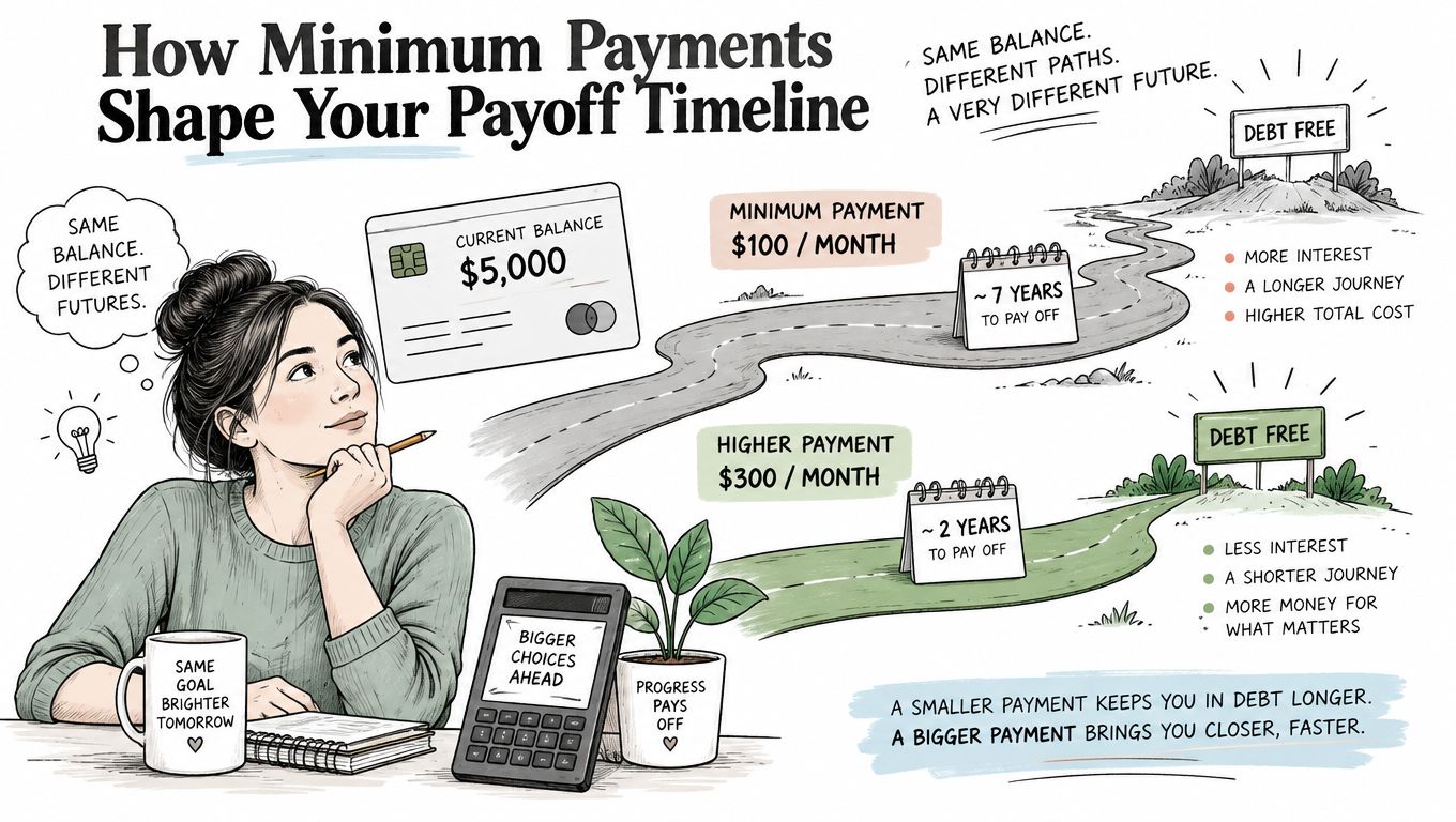 A woman considers debt payoff timelines for a 5,000 dollar balance with different monthly payment plans.