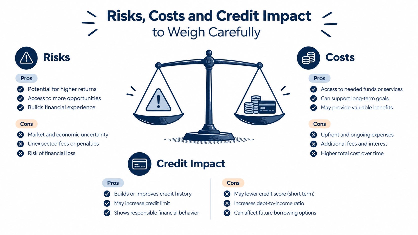 A balanced scale infographic showing the pros and cons of choosing a legal settlement versus going to trial.