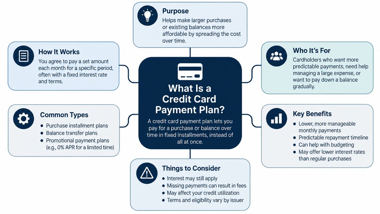 An infographic explaining credit card payment plans, covering purpose, how it works, types, benefits, and considerations.