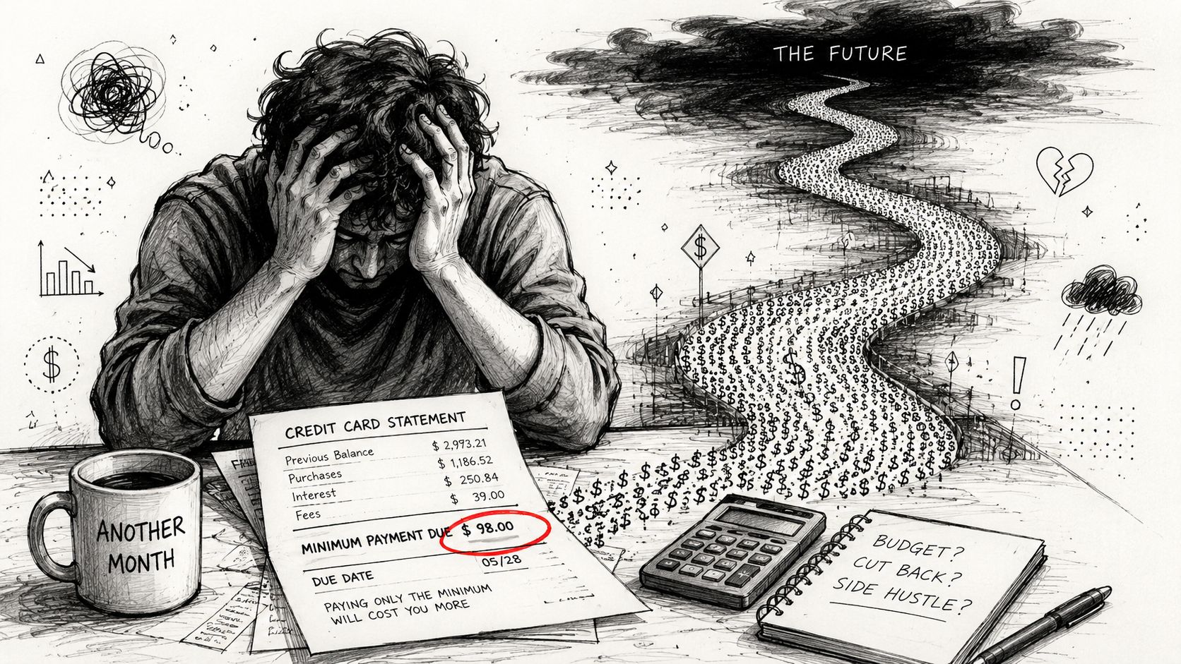 A stressed man looking at a credit card statement with a heavy debt burden and financial anxiety.