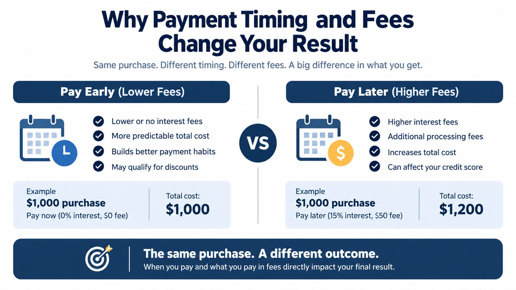 An infographic comparing the financial impact of paying early versus paying later for a $1,000 purchase.