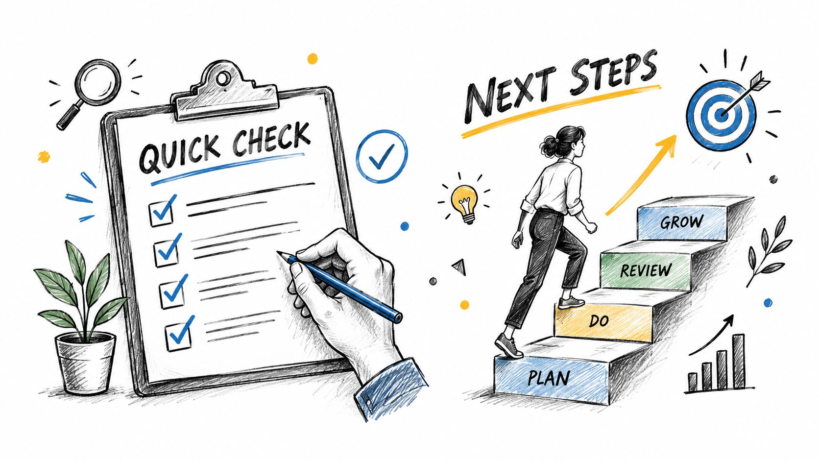A hand filling out a quick check list beside a woman climbing steps towards a target.