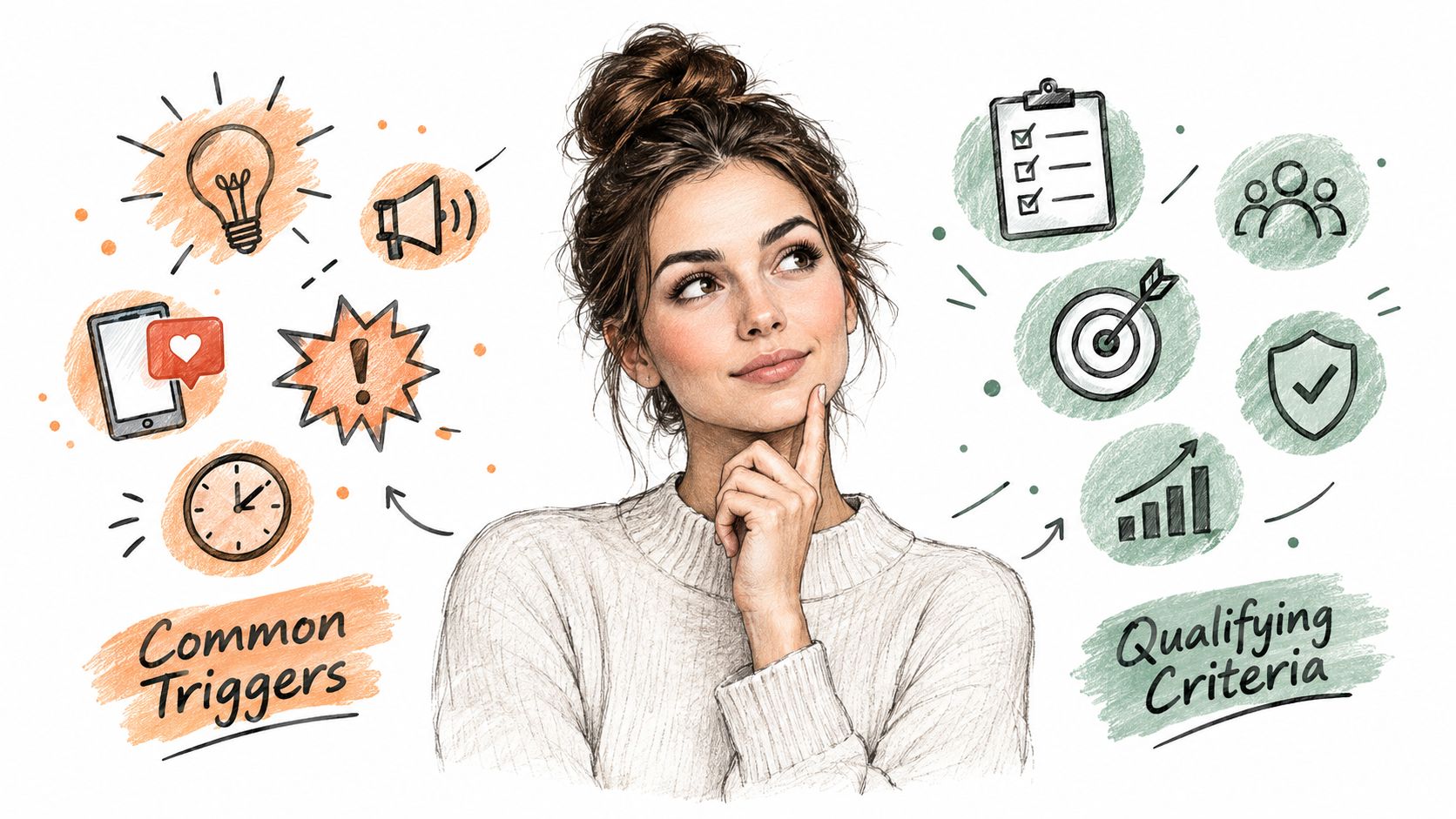 A woman thinking with illustrations of common triggers on the left and qualifying criteria on the right.