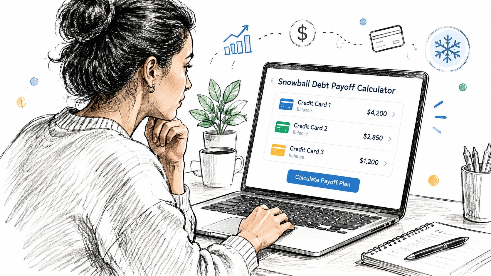 A woman using a laptop to view a snowball debt payoff calculator with credit card balances displayed.
