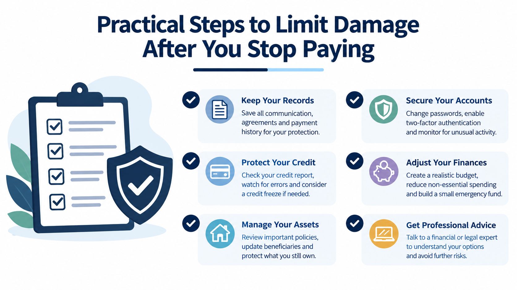 An infographic titled Practical Steps to Limit Damage After You Stop Paying featuring a checklist and advice.