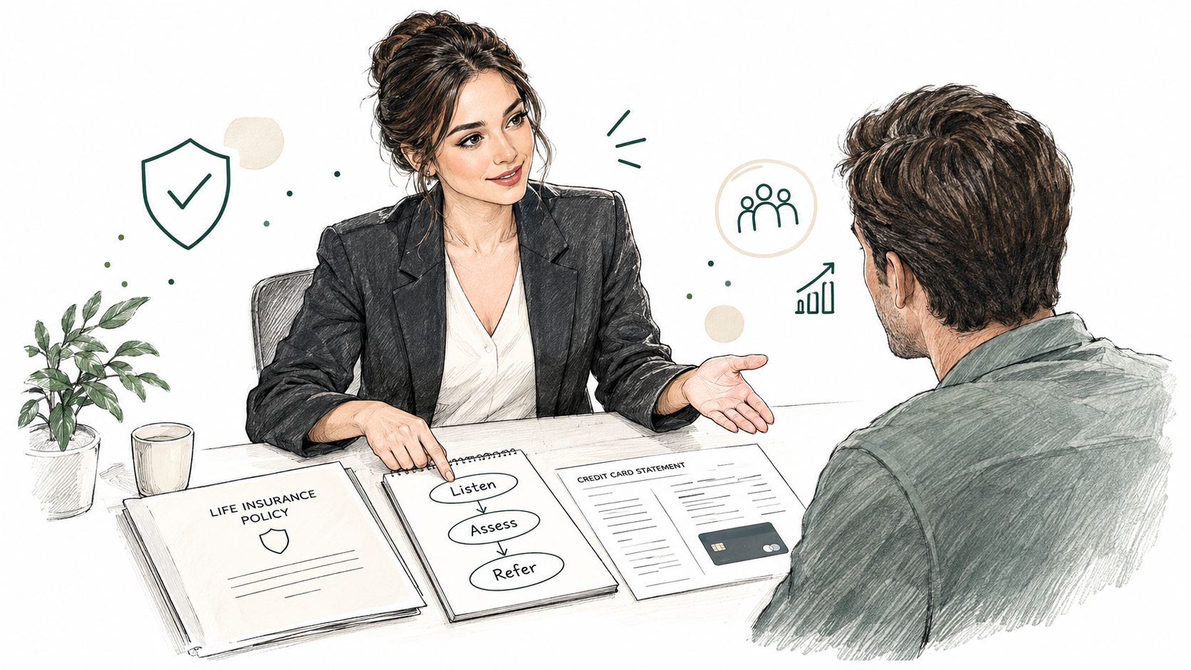 A financial advisor meeting with a client to discuss insurance policies and debt management strategies.